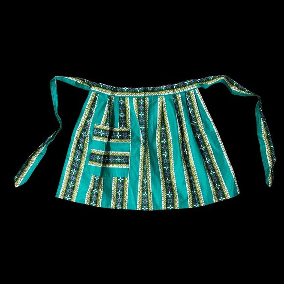 Vintage Apron Floral Striped Pocket Ties Mid Century Handmade Teal Green Retro - Picture 2 of 6